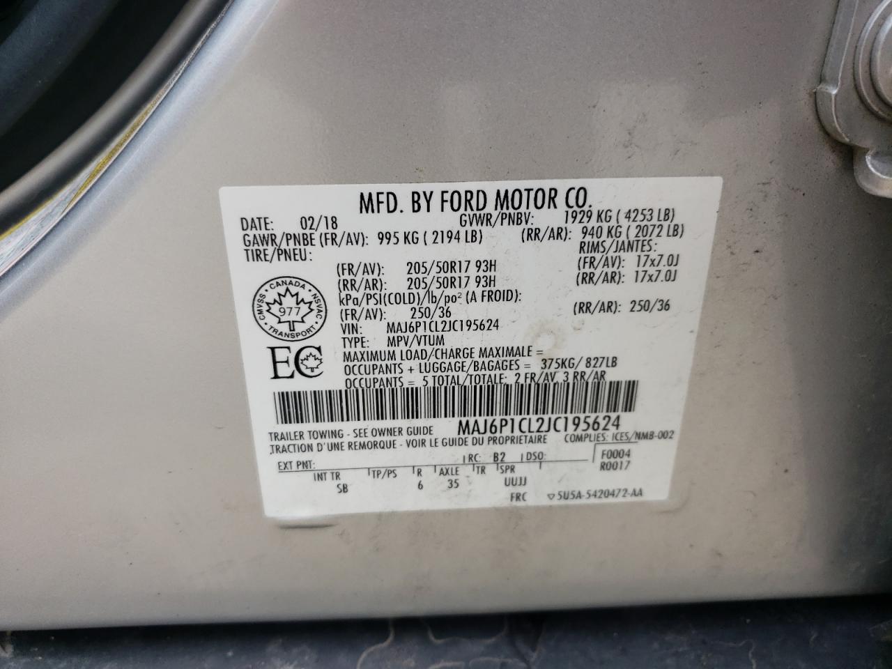 2018 Ford Ecosport Ses VIN: MAJ6P1CL2JC195624 Lot: 64008925