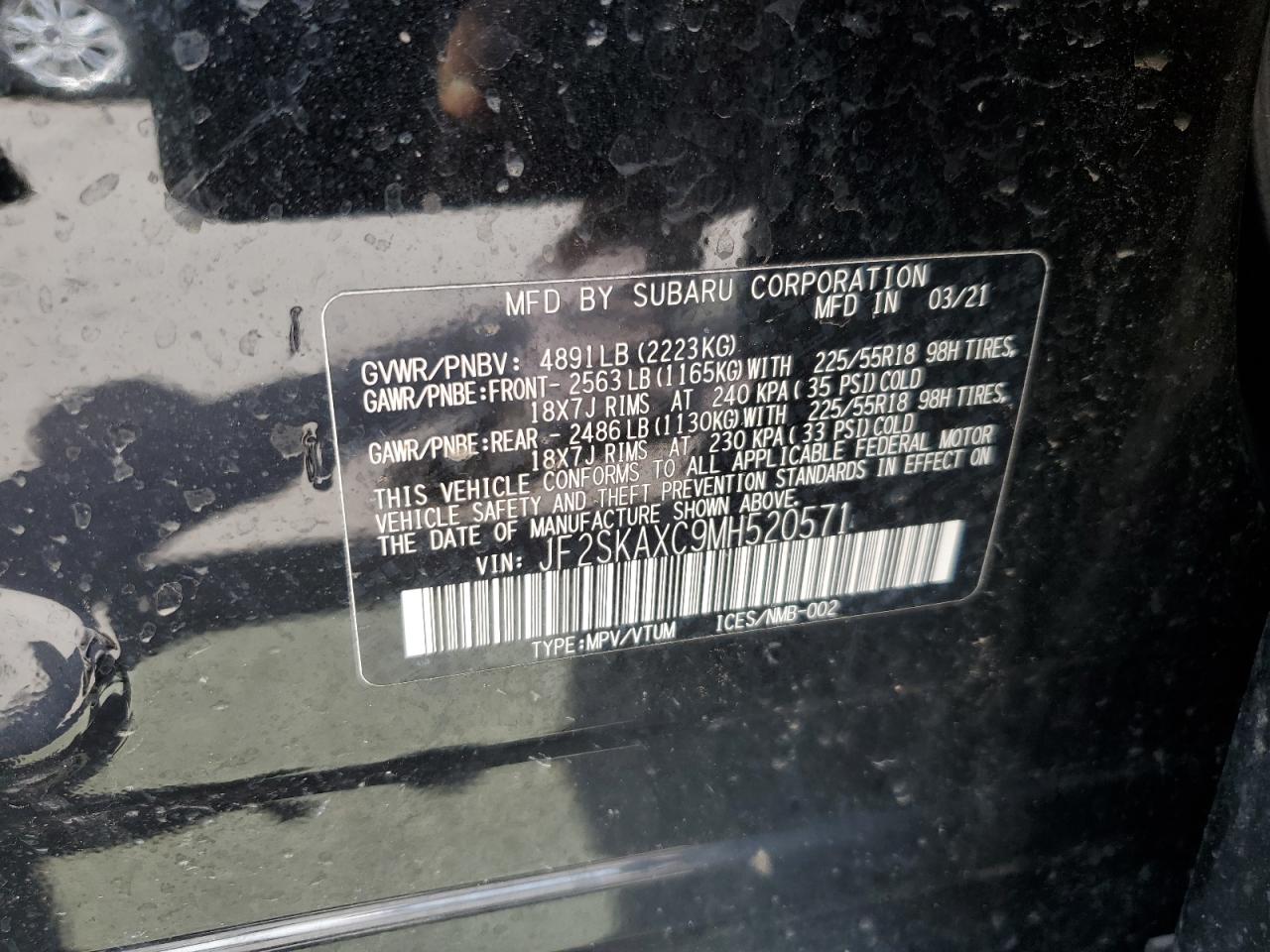 2021 Subaru Forester Touring VIN: JF2SKAXC9MH520571 Lot: 63043505