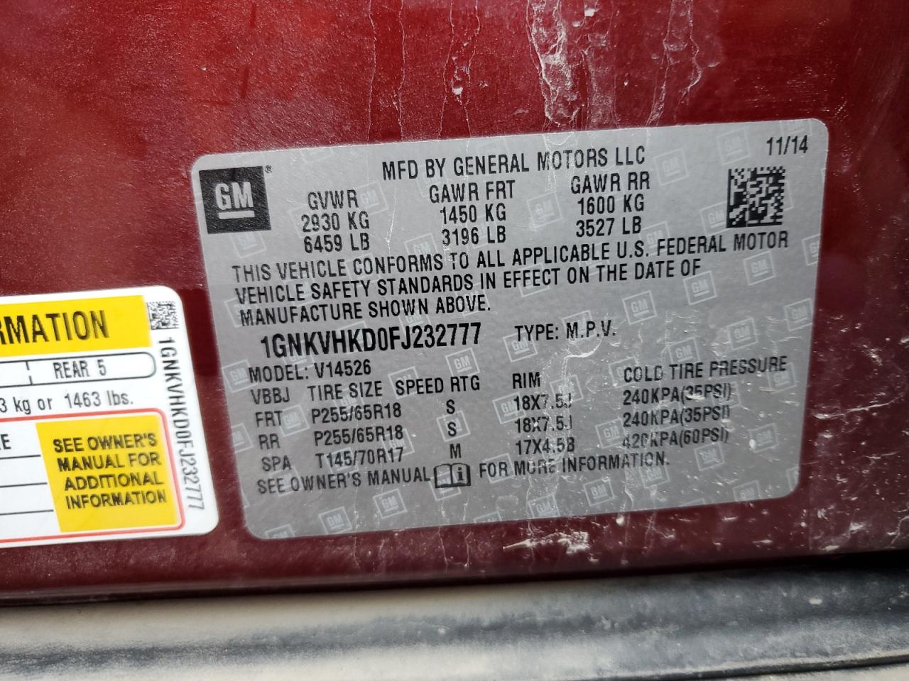 2015 Chevrolet Traverse Lt VIN: 1GNKVHKD0FJ232777 Lot: 64202195