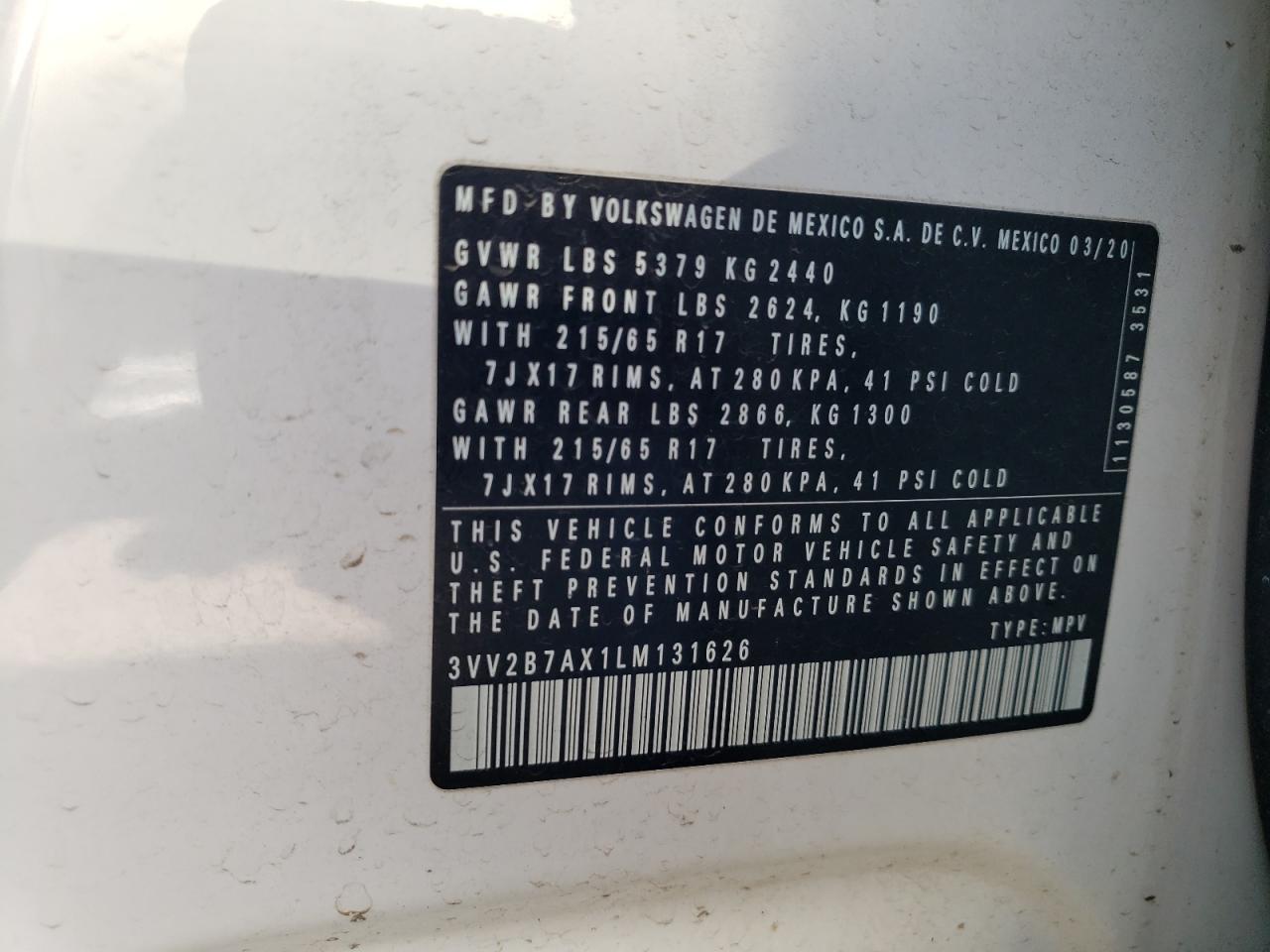2020 Volkswagen Tiguan Se VIN: 3VV2B7AX1LM131626 Lot: 65027935