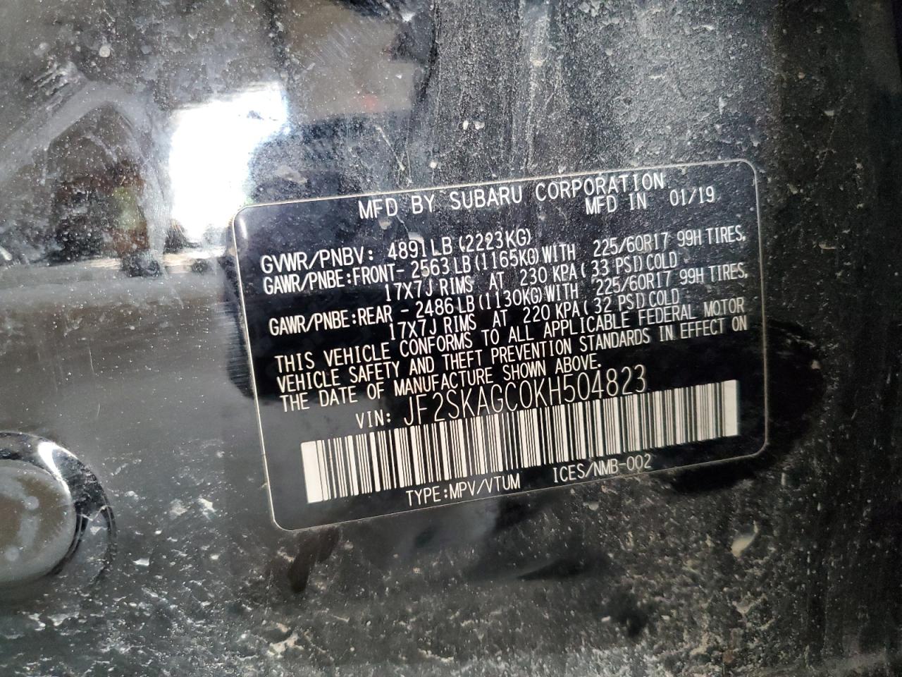 2019 Subaru Forester Premium VIN: JF2SKAGC0KH504823 Lot: 65154405