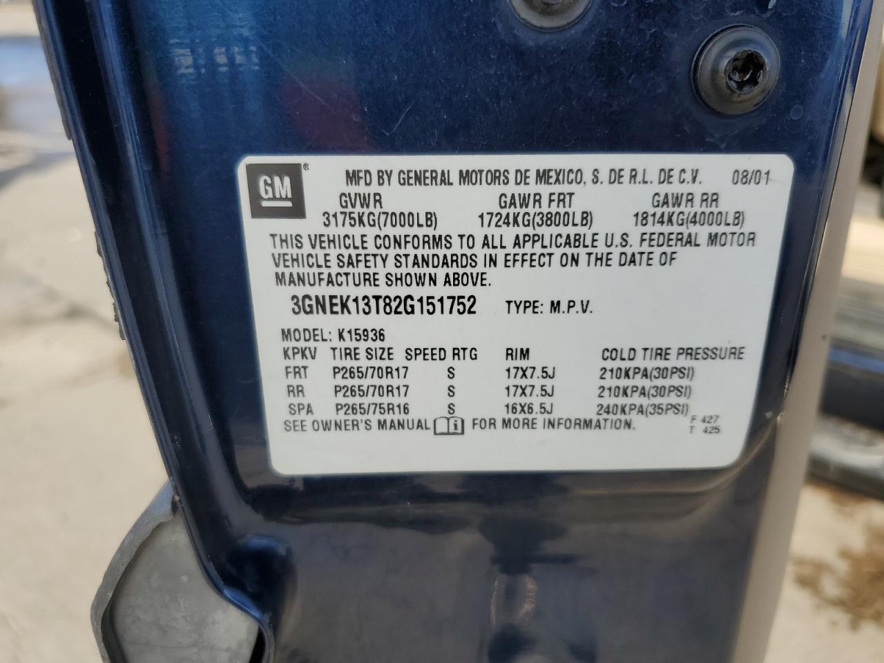 3gnek13t82g151752 3GNEK13T82G151752 2002 Chevrolet Avalanche K1500