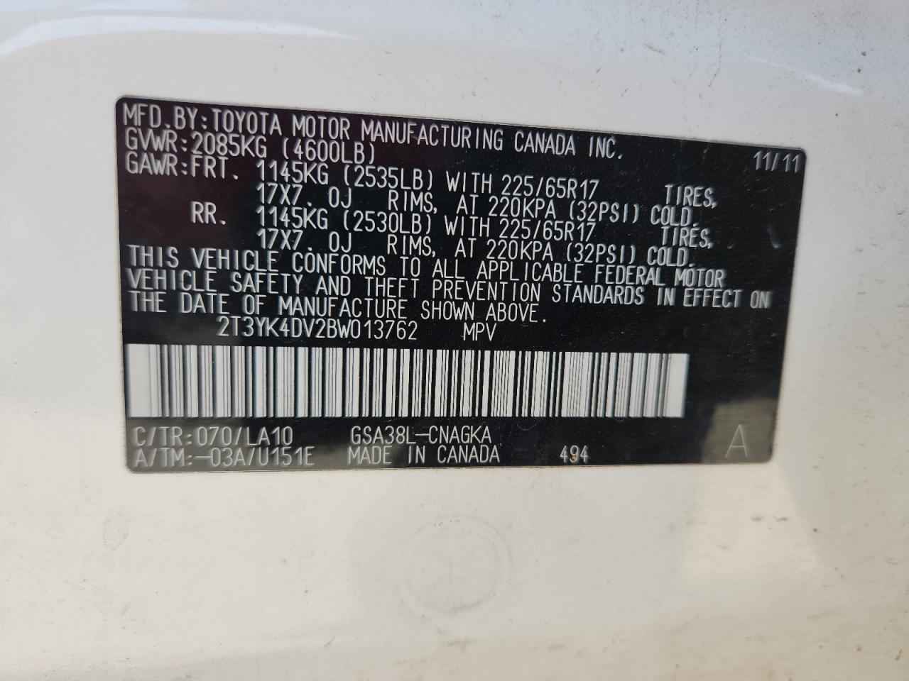 2011 Toyota Rav4 Limited VIN: 2T3YK4DV2BW013762 Lot: 63755905