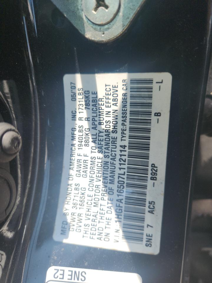 2007 Honda Civic Lx VIN: 1HGFA16507L112114 Lot: 63559635