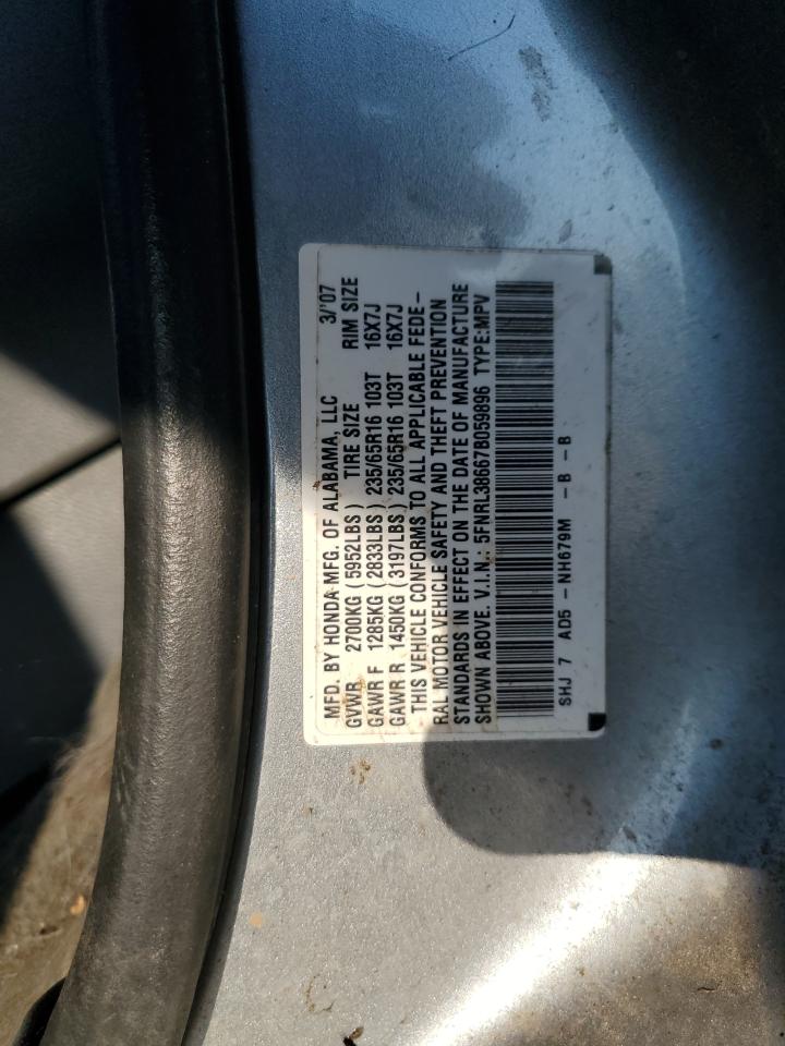 2007 Honda Odyssey Exl VIN: 5FNRL38667B059896 Lot: 63530495