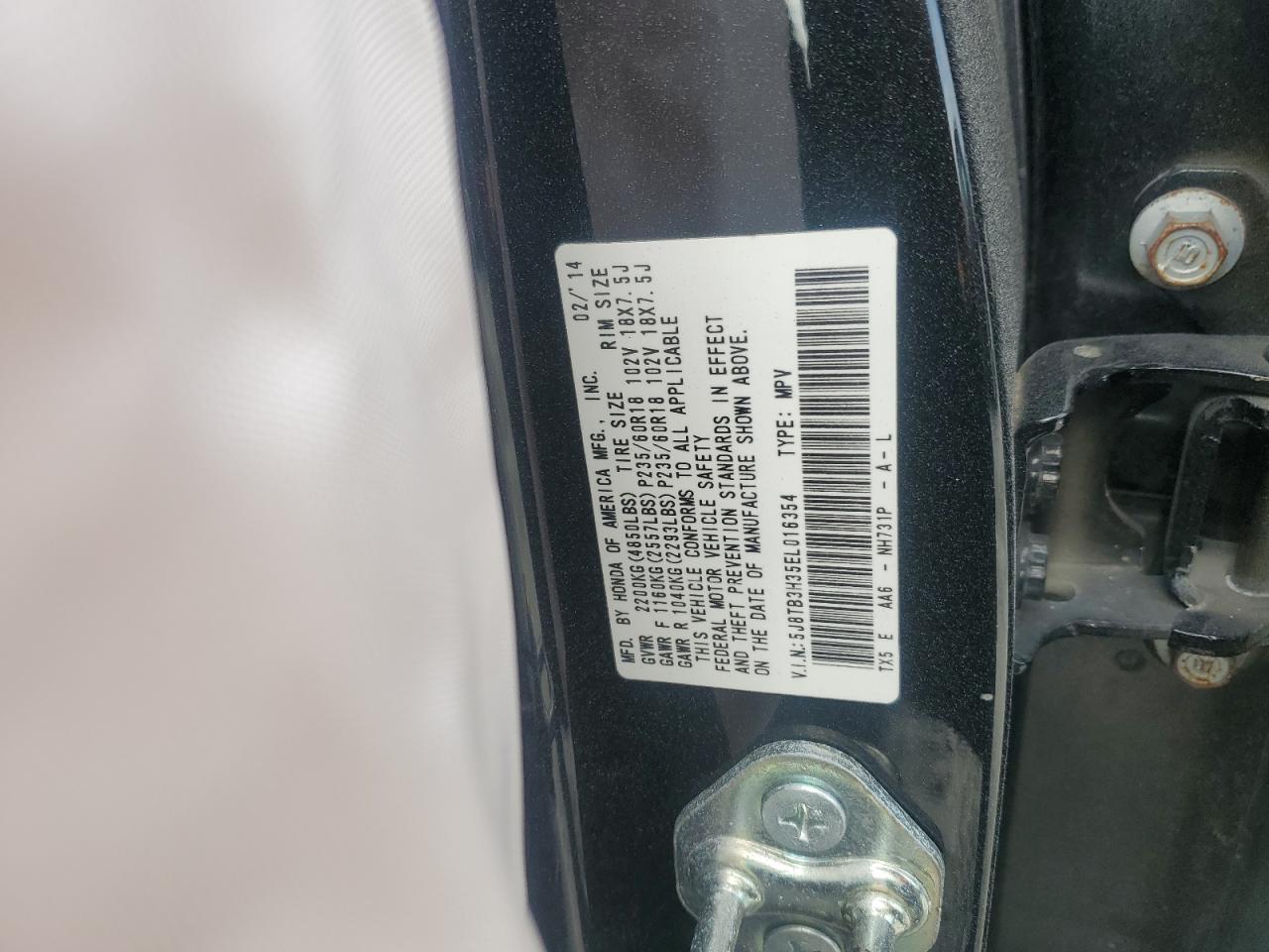 2014 Acura Rdx VIN: 5J8TB3H35EL016354 Lot: 62794045