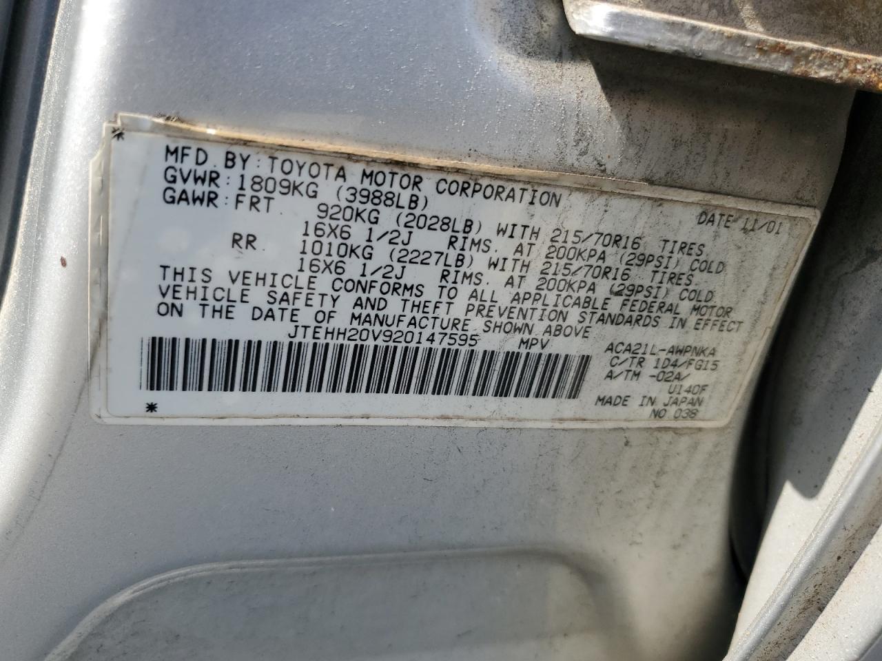 2002 Toyota Rav4 VIN: JTEHH20V920147595 Lot: 63940005