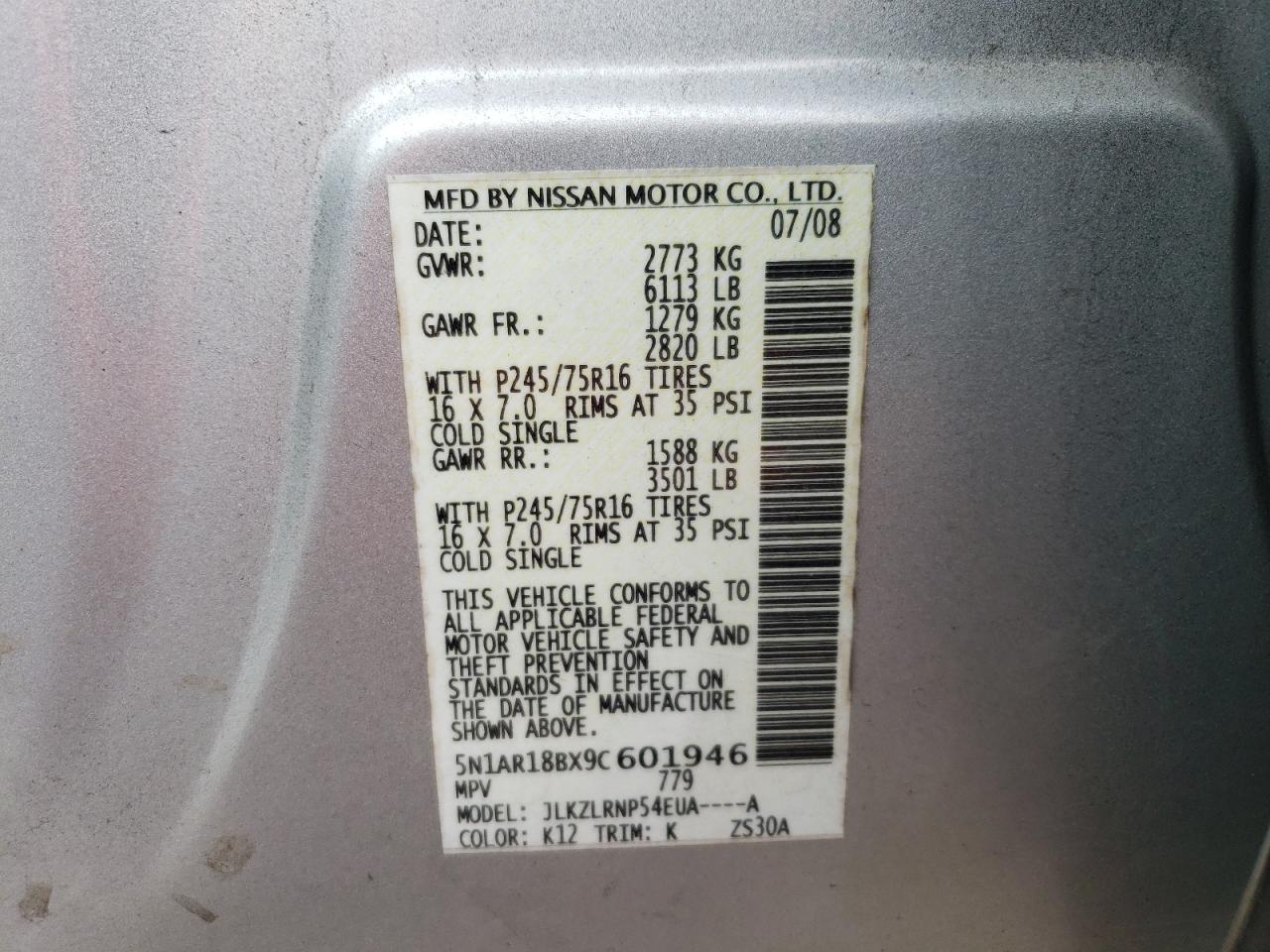 2009 Nissan Pathfinder S VIN: 5N1AR18BX9C601946 Lot: 63638885