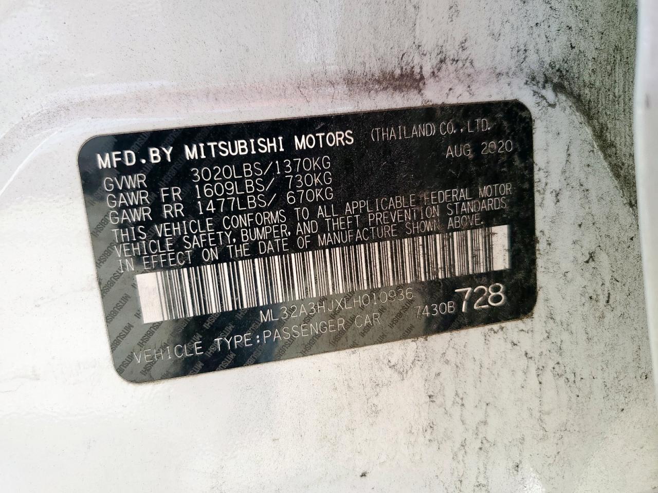 2020 Mitsubishi Mirage Es VIN: ML32A3HJXLH010936 Lot: 64968035