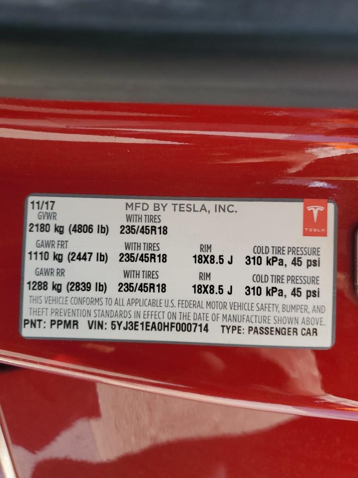 2017 Tesla Model 3 VIN: 5YJ3E1EA0HF000714 Lot: 63480125
