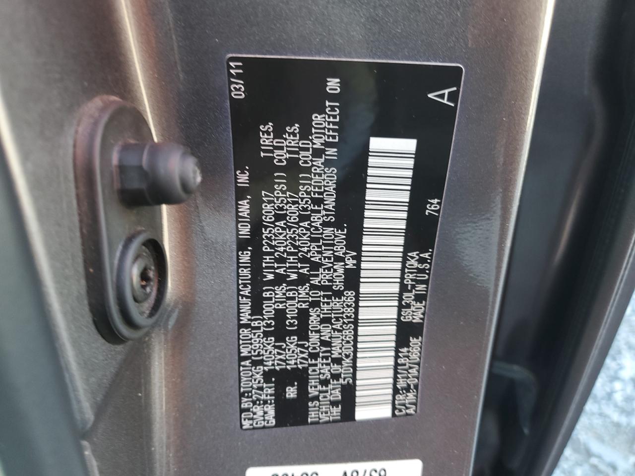 2011 Toyota Sienna Xle VIN: 5TDYK3DC6BS138368 Lot: 65564825