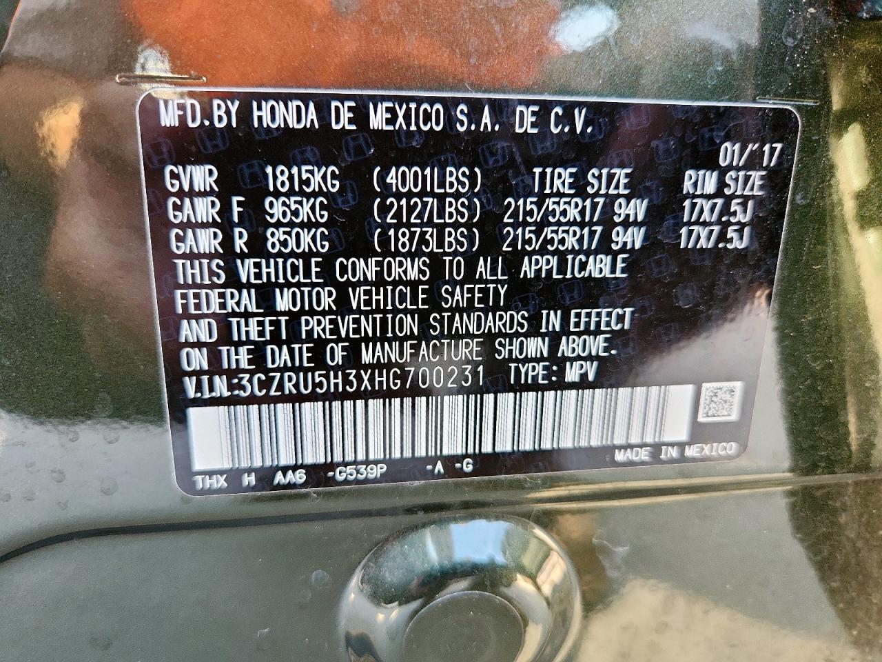 2017 Honda Hr-V Lx VIN: 3CZRU5H3XHG700231 Lot: 64271635