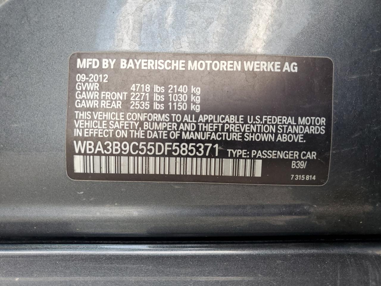 2013 BMW 335 Xi VIN: WBA3B9C55DF585371 Lot: 64776625