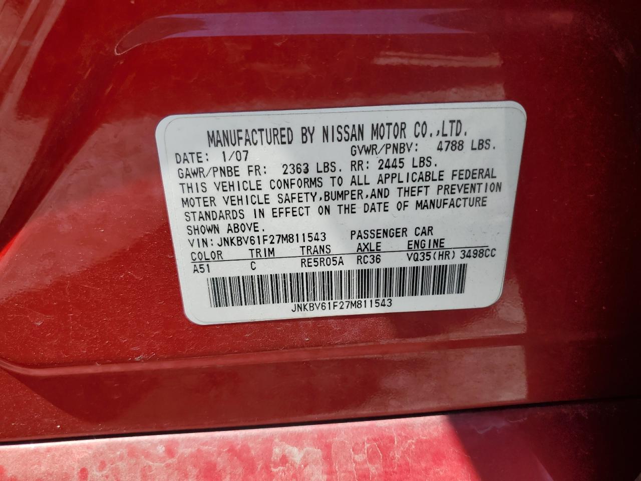 2007 Infiniti G35 VIN: JNKBV61F27M811543 Lot: 63769985