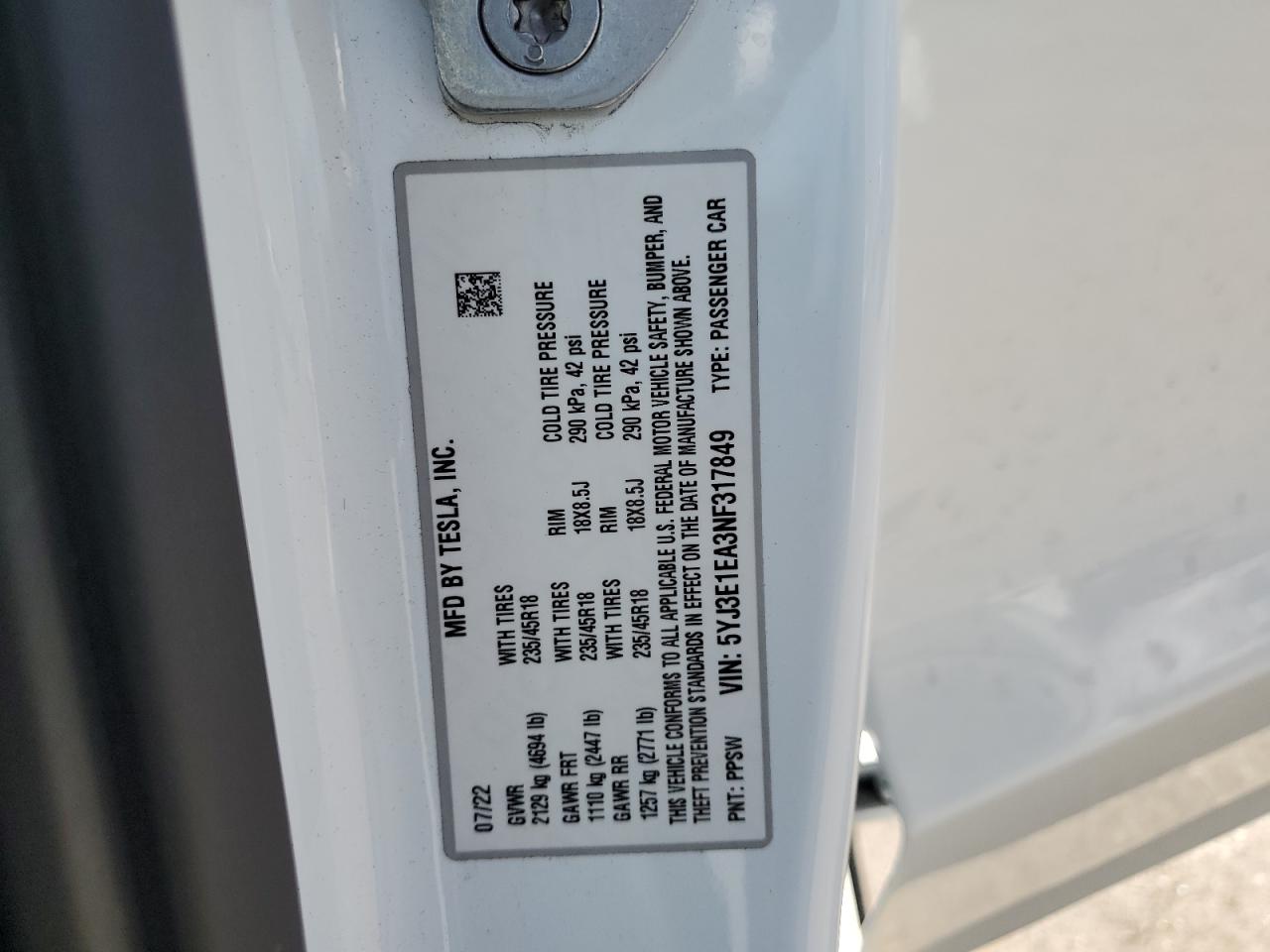 2022 Tesla Model 3 VIN: 5YJ3E1EA3NF317849 Lot: 63475705