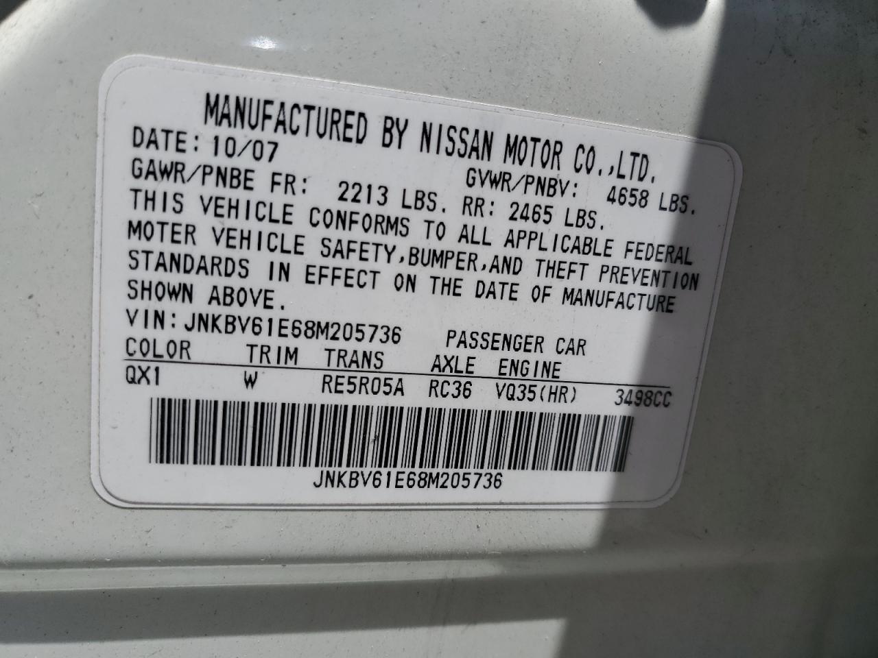 2008 Infiniti G35 VIN: JNKBV61E68M205736 Lot: 64137245