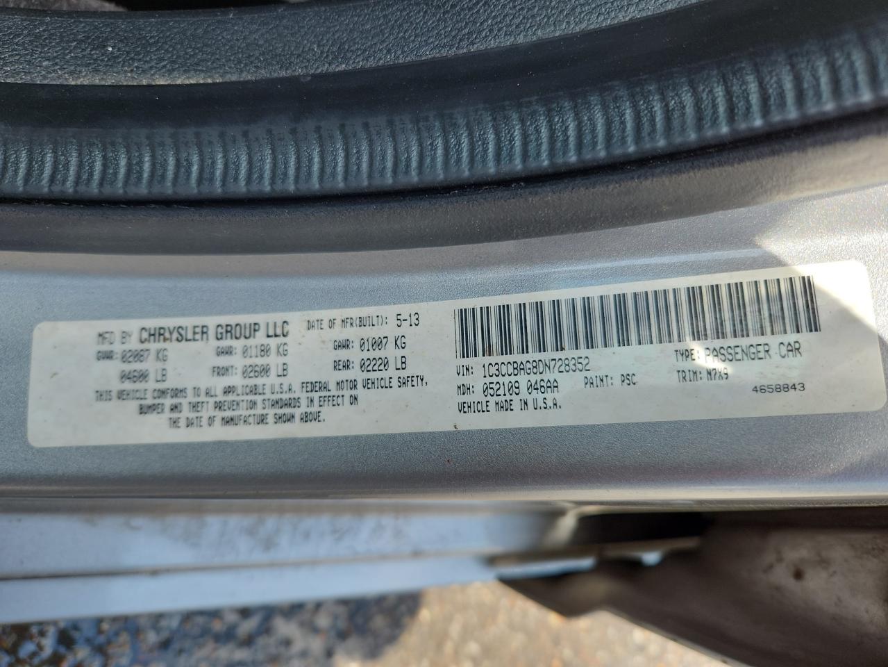 2013 Chrysler 200 Lx VIN: 1C3CCBAG8DN728352 Lot: 63775255