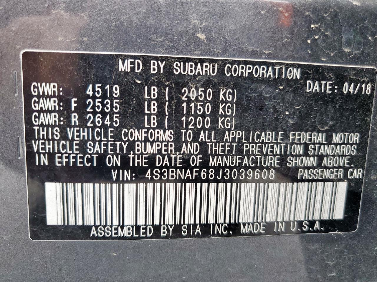 2018 Subaru Legacy 2.5I Premium VIN: 4S3BNAF68J3039608 Lot: 64829875