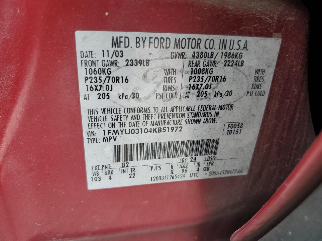 2004 Ford Escape Xlt VIN: 1FMYU03104KB51972 Lot: 62119665