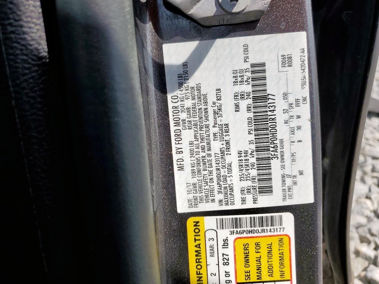 2018 Ford Fusion Se VIN: 3FA6P0HD0JR143177 Lot: 64238215