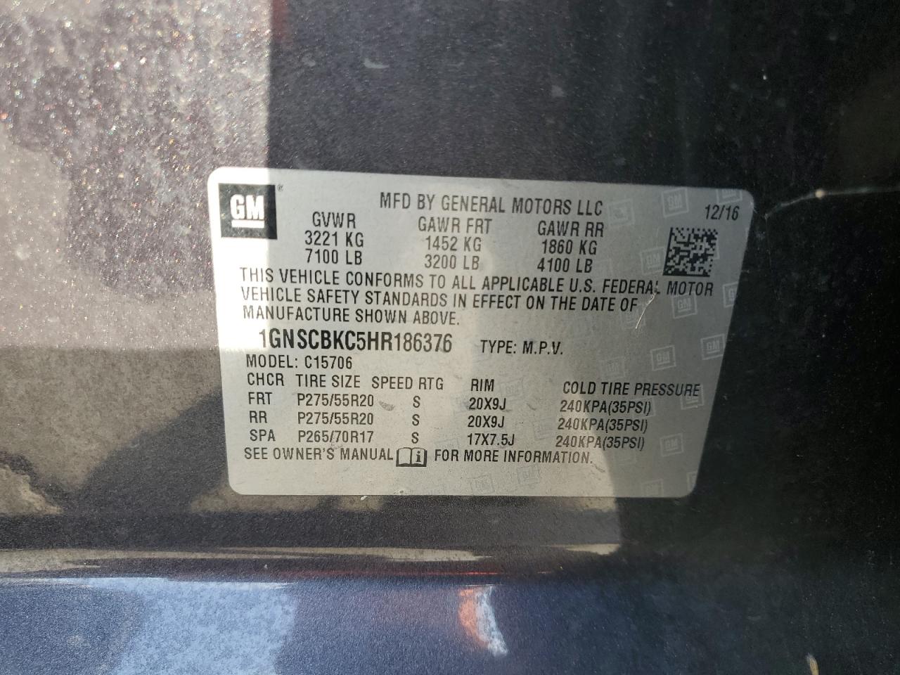 2017 Chevrolet Tahoe C1500 Lt VIN: 1GNSCBKC5HR186376 Lot: 65001625