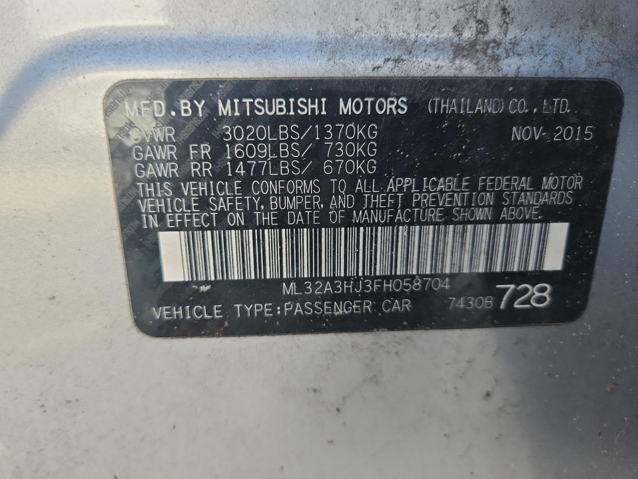 2015 Mitsubishi Mirage De VIN: ML32A3HJ3FH058704 Lot: 63713405