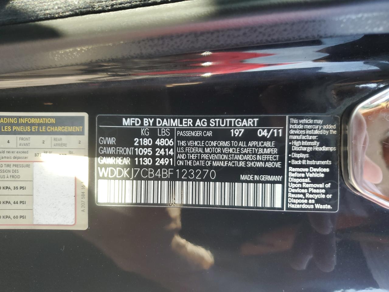 2011 Mercedes-Benz E 550 VIN: WDDKJ7CB4BF123270 Lot: 66510725