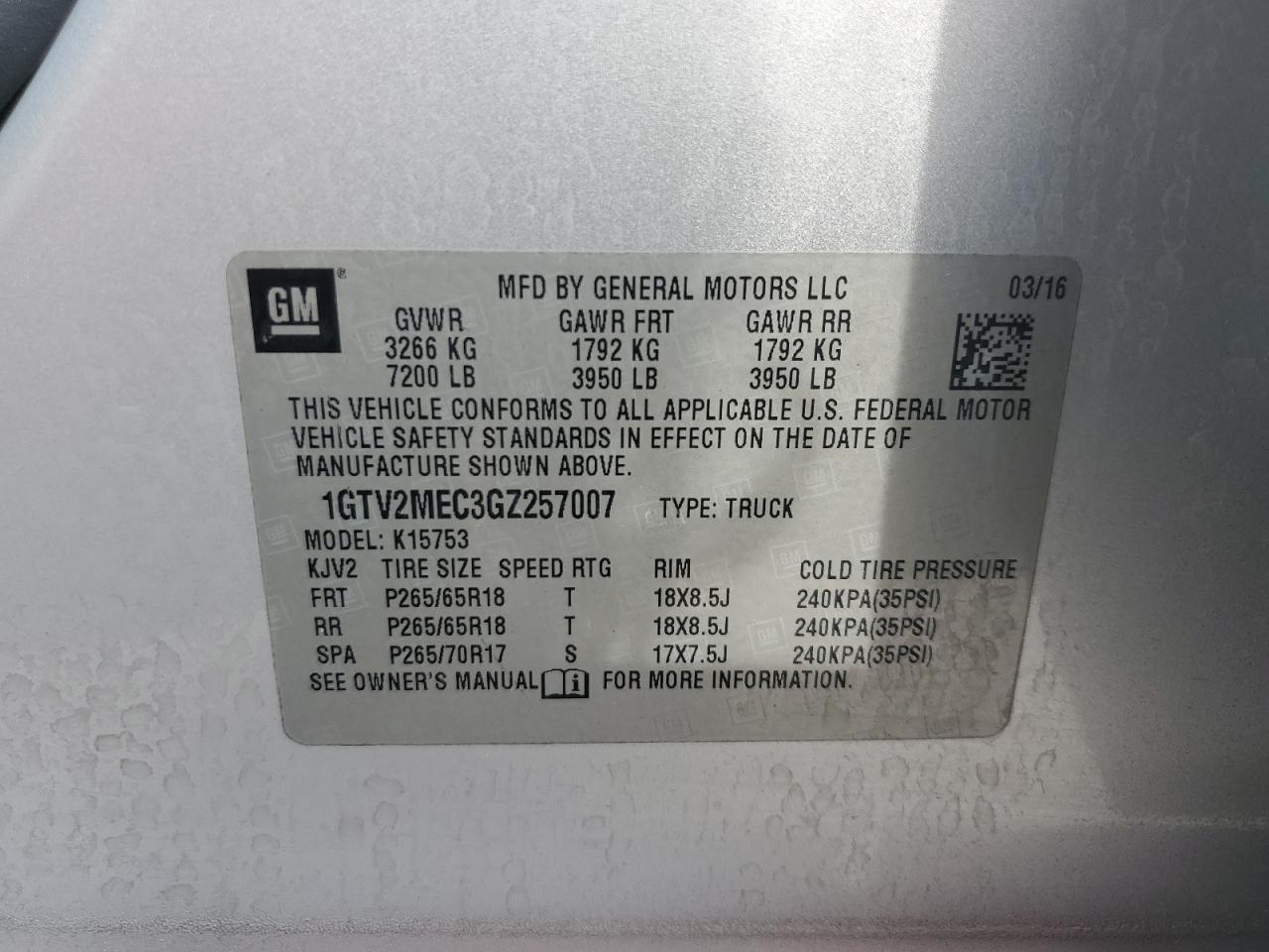 2016 GMC Sierra K1500 Sle VIN: 1GTV2MEC3GZ257007 Lot: 64875825