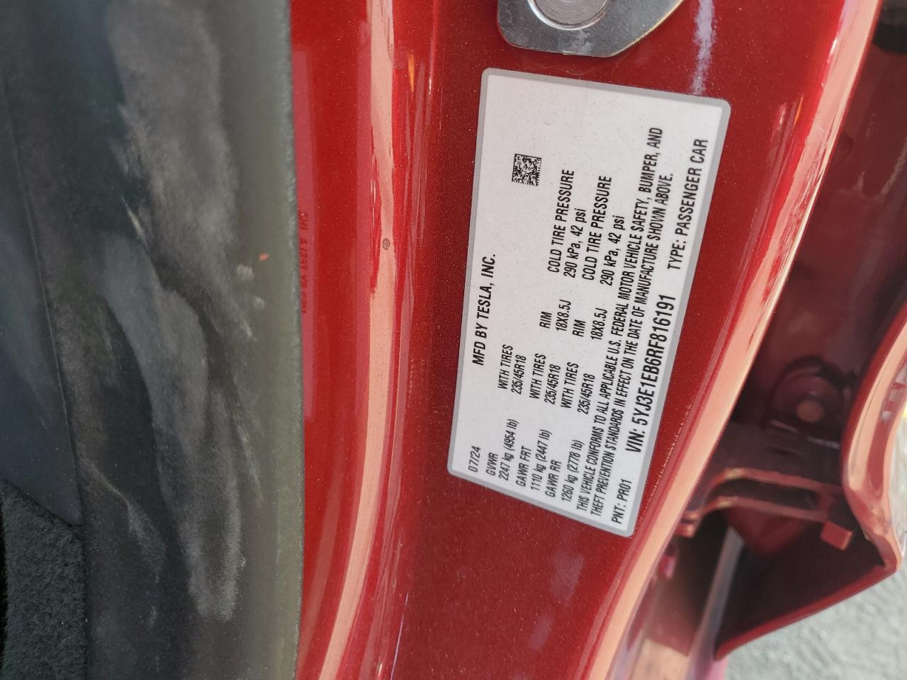 2024 Tesla Model 3 VIN: 5YJ3E1EB6RF816191 Lot: 64380335