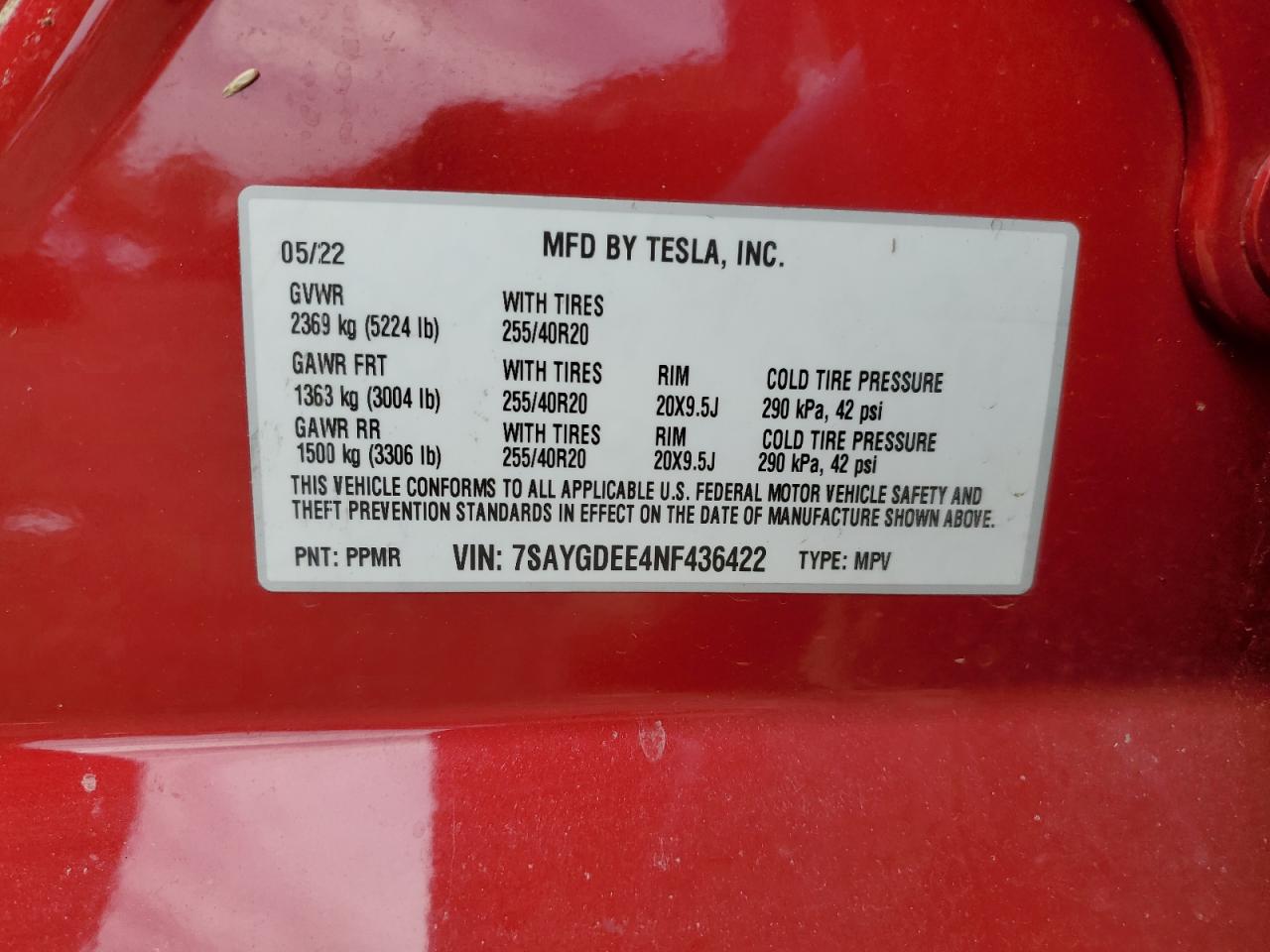 2022 Tesla Model Y VIN: 7SAYGDEE4NF436422 Lot: 65167465