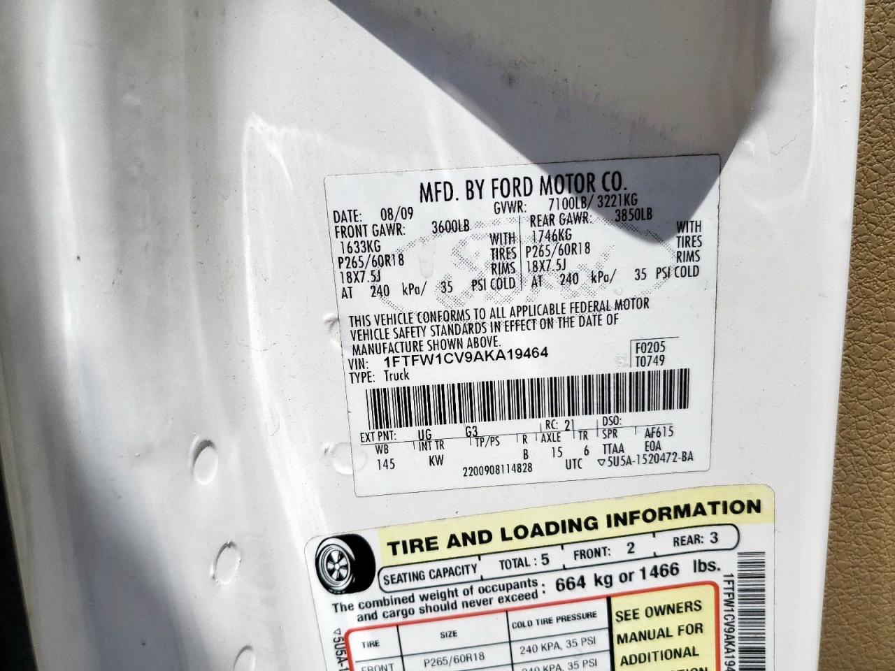 2010 Ford F150 Supercrew VIN: 1FTFW1CV9AKA19464 Lot: 66602055