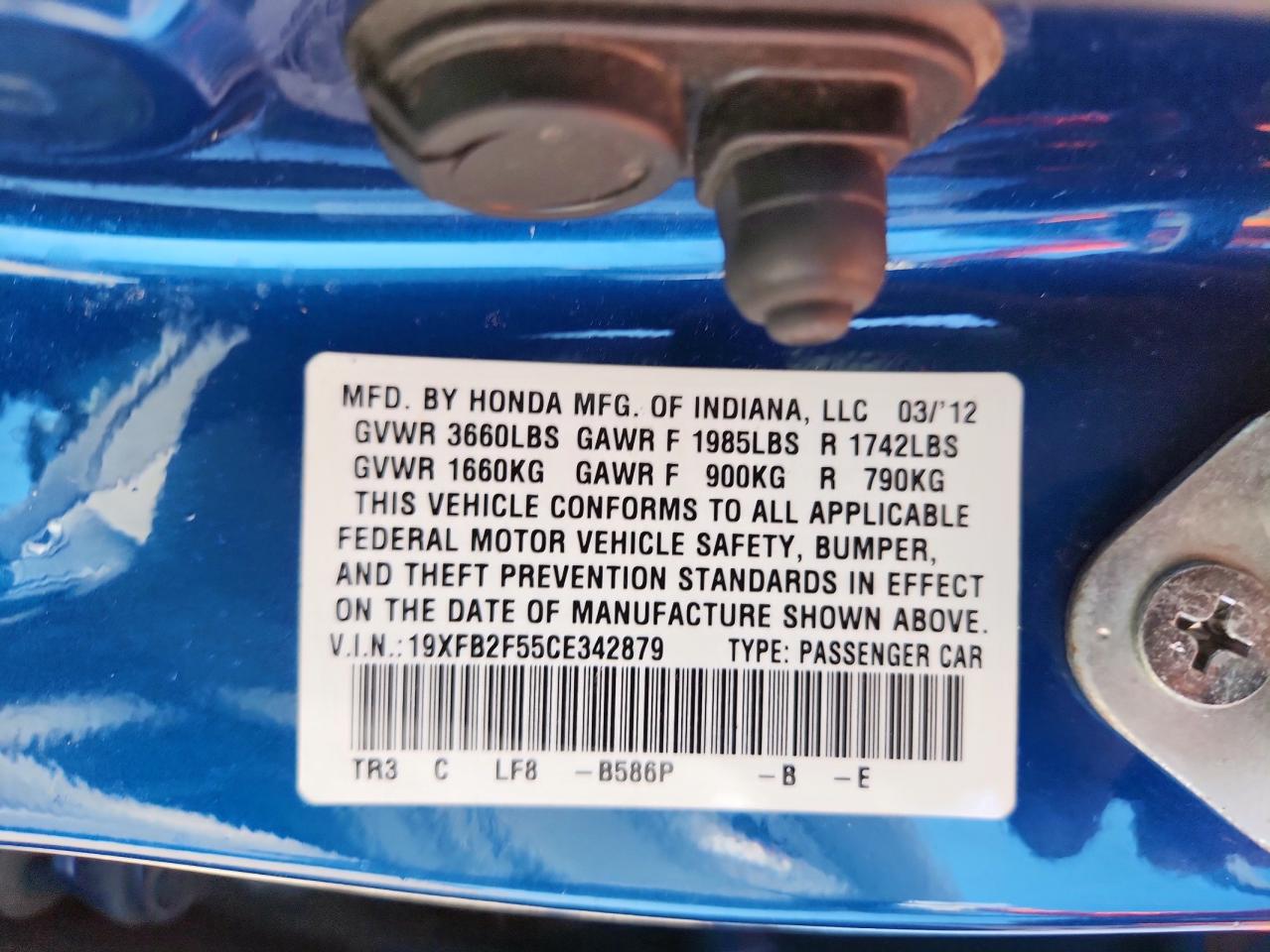 2012 Honda Civic Lx VIN: 19XFB2F55CE342879 Lot: 64514785