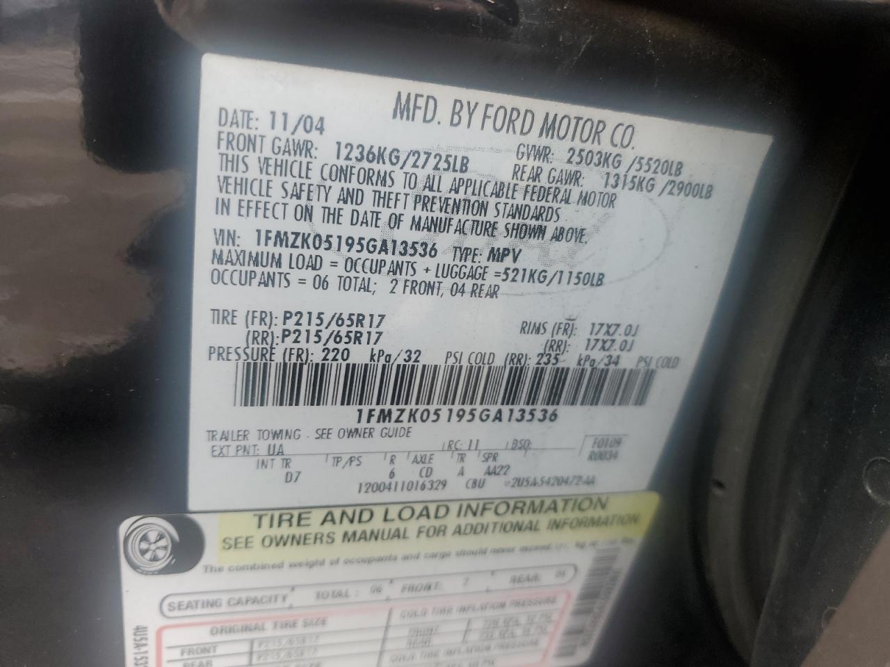 2005 Ford Freestyle Sel VIN: 1FMZK05195GA13536 Lot: 62937665