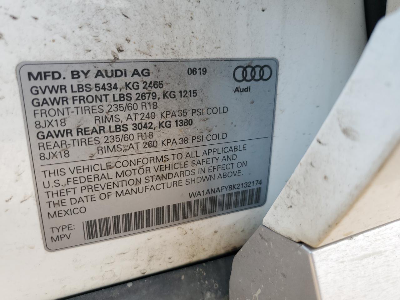2019 Audi Q5 Premium VIN: WA1ANAFY8K2132174 Lot: 64852135