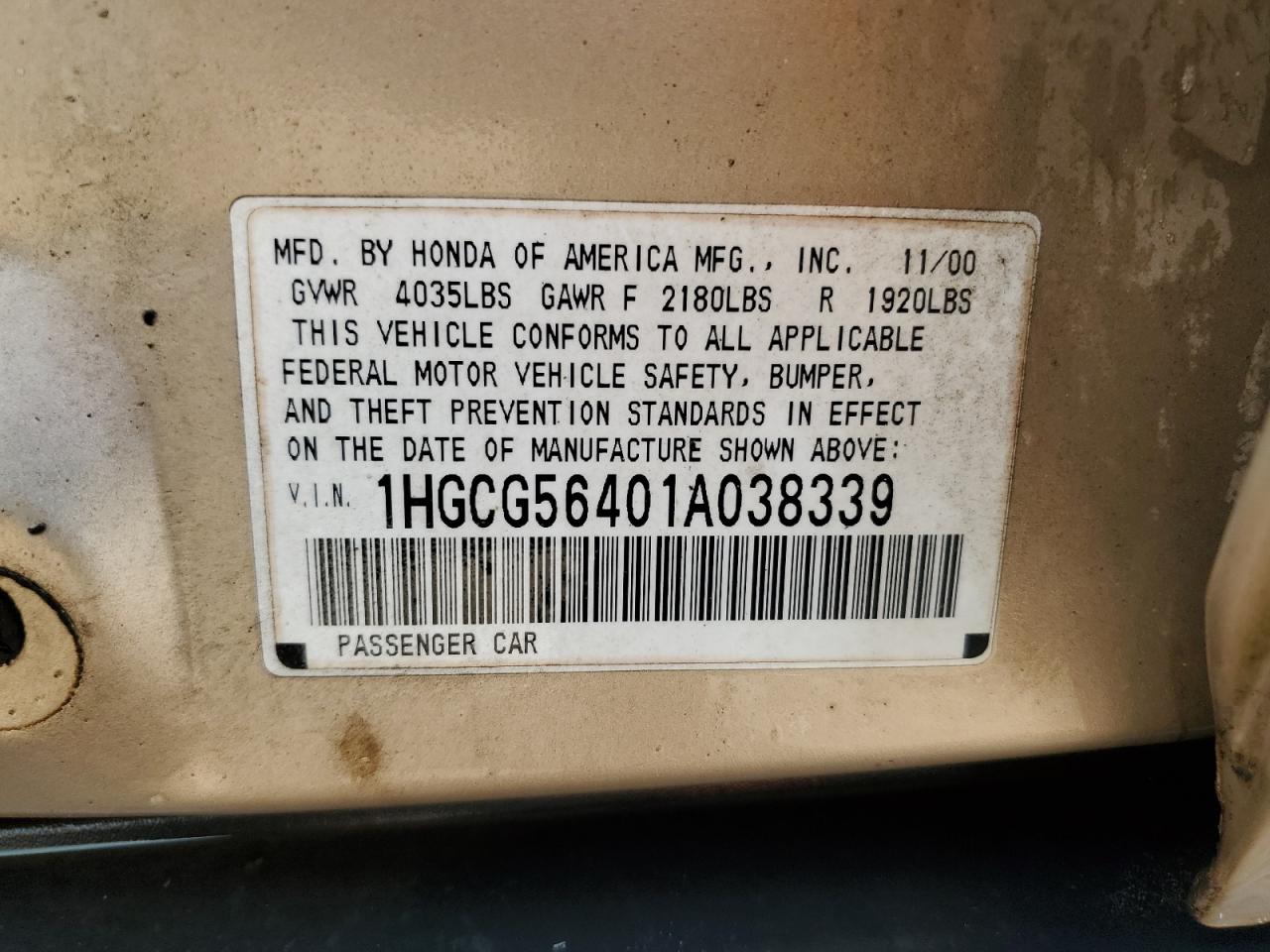 2001 Honda Accord Lx VIN: 1HGCG56401A038339 Lot: 64619615