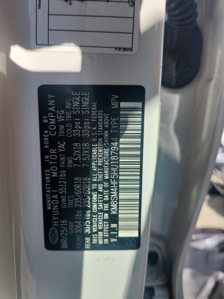 KM8SM4HF5HU187944 2017 Hyundai Santa Fe Se