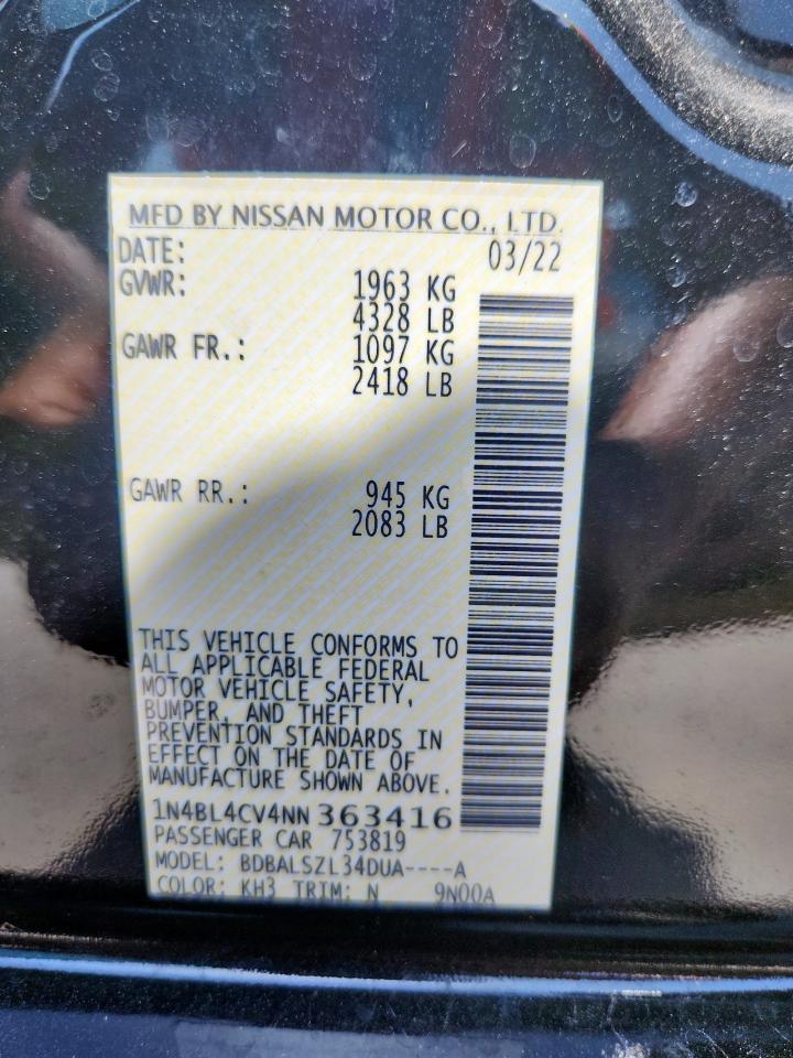 2022 Nissan Altima Sr VIN: 1N4BL4CV4NN363416 Lot: 63580365