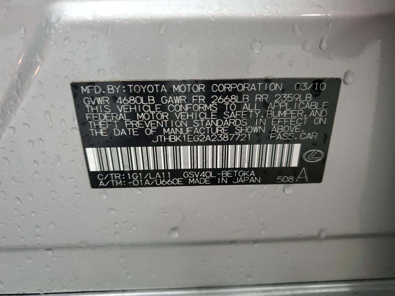 2010 Lexus Es 350 VIN: JTHBK1EG2A2387721 Lot: 64722775