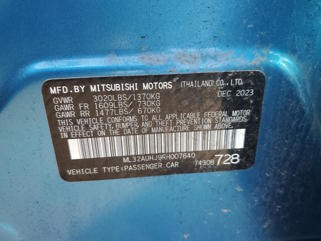 2024 Mitsubishi Mirage Es VIN: ML32AUHJ9RH007640 Lot: 63453235
