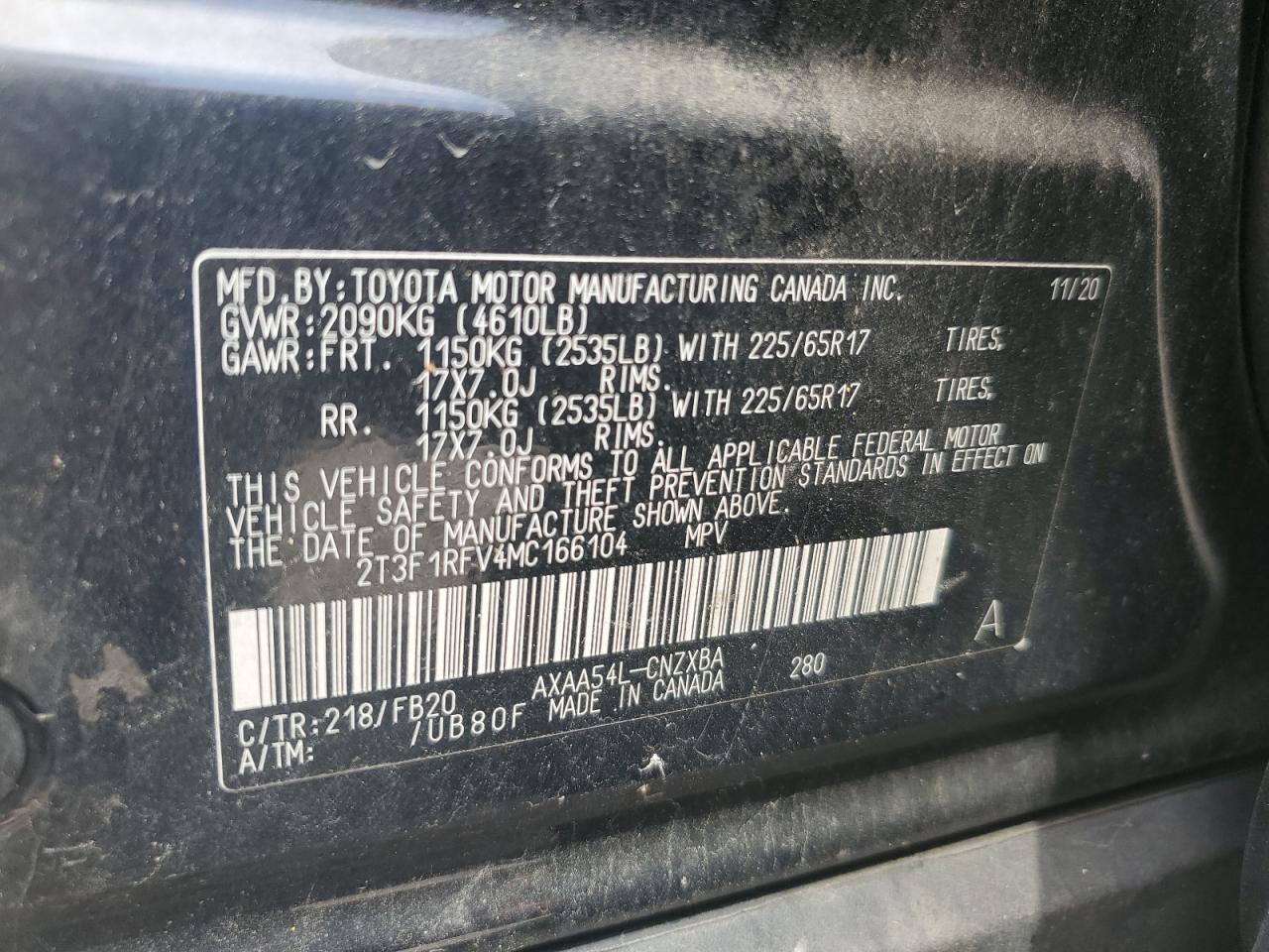 2021 Toyota Rav4 Le VIN: 2T3F1RFV4MC166104 Lot: 65537065