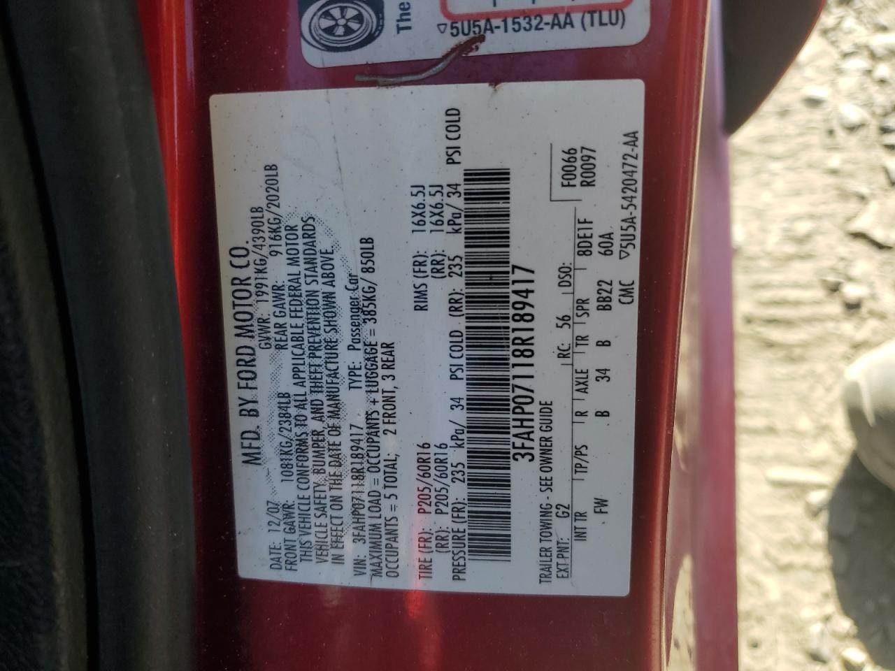 2008 Ford Fusion Se VIN: 3FAHP07118R189417 Lot: 65220015