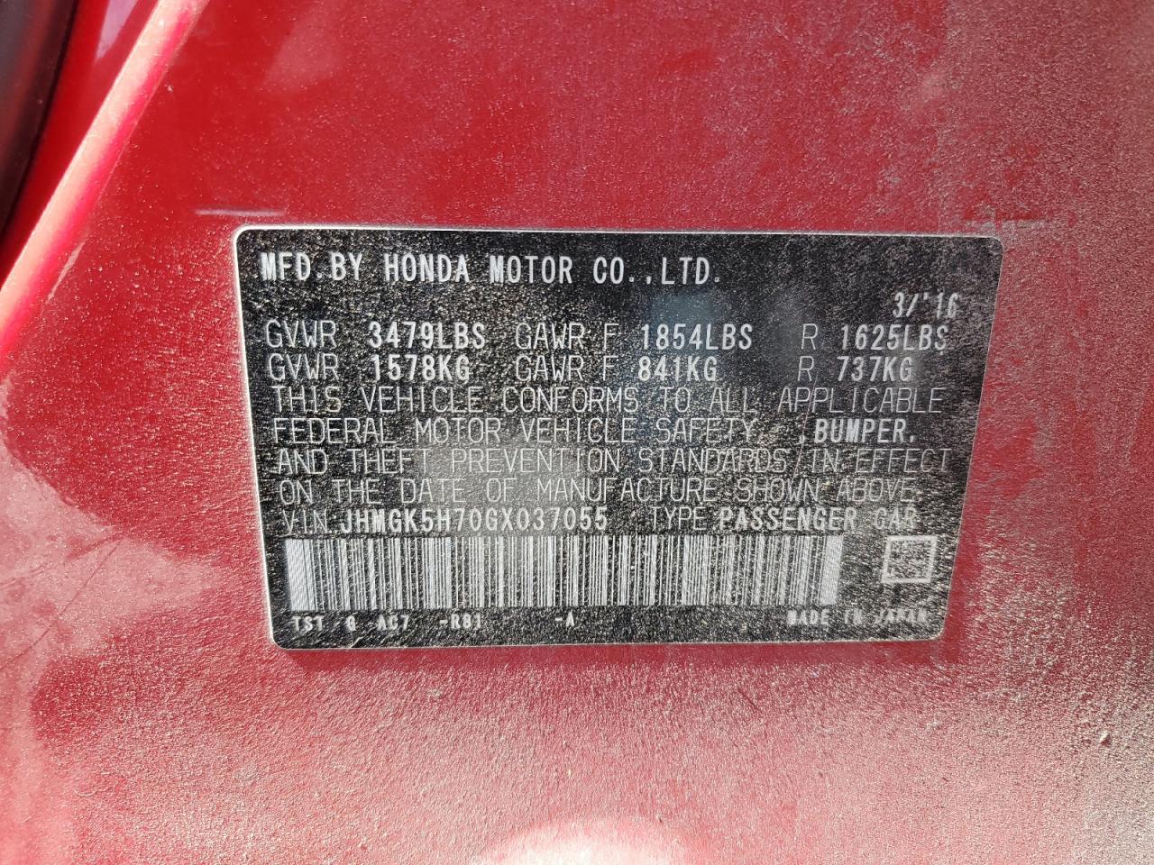 2016 Honda Fit Ex VIN: JHMGK5H70GX037055 Lot: 66099905
