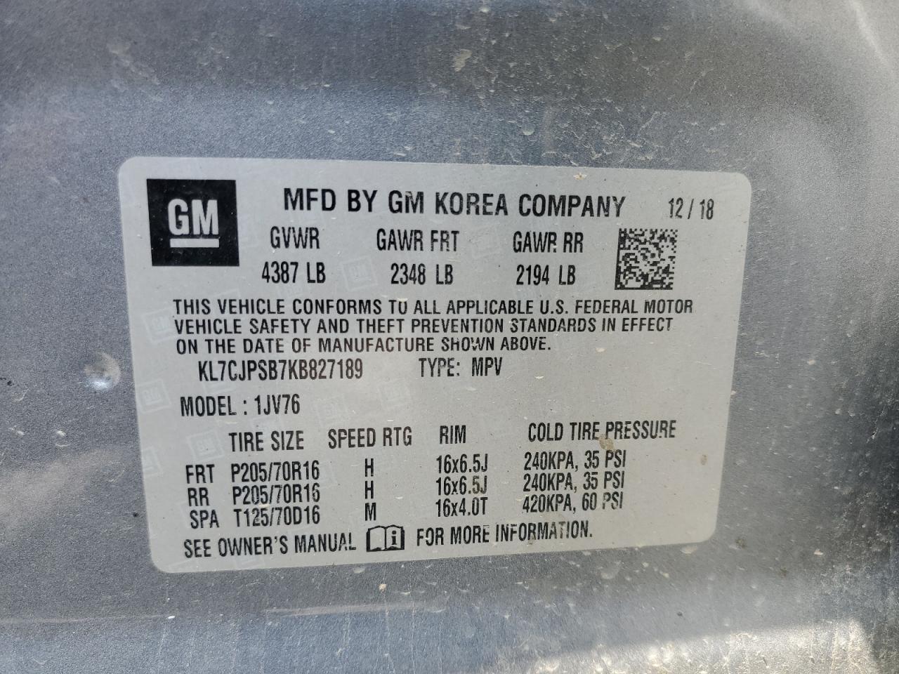 2019 Chevrolet Trax 1Lt VIN: KL7CJPSB7KB827189 Lot: 63396875