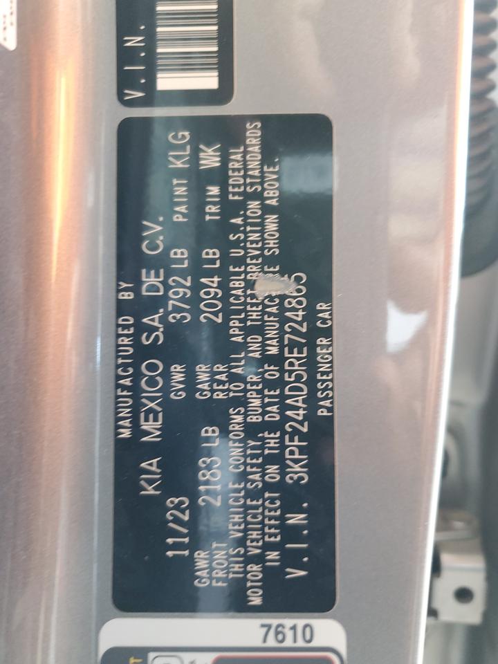 2024 Kia Forte Lx VIN: 3KPF24AD5RE724865 Lot: 63428485