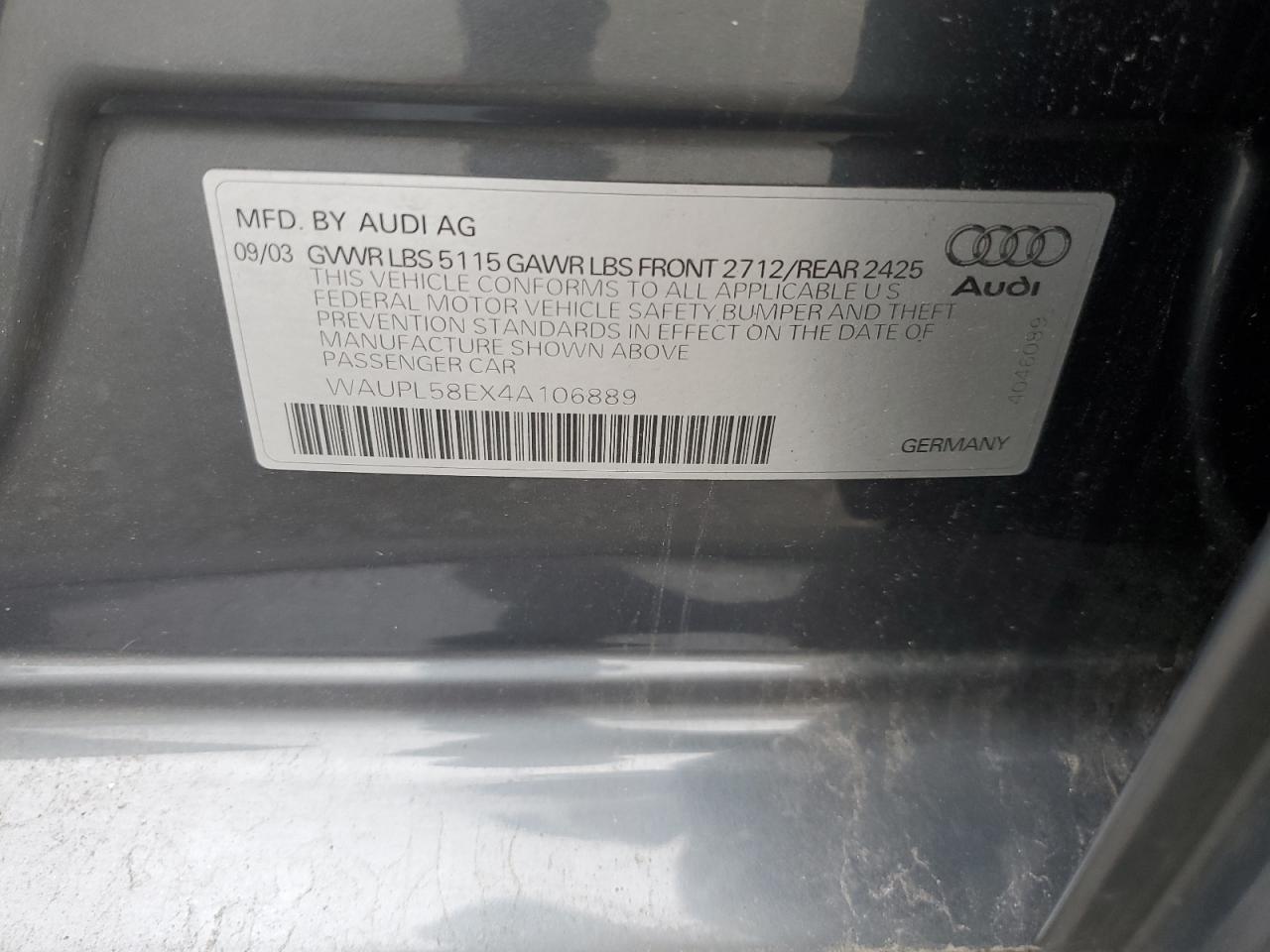2004 Audi S4 VIN: WAUPL58EX4A106889 Lot: 64686935