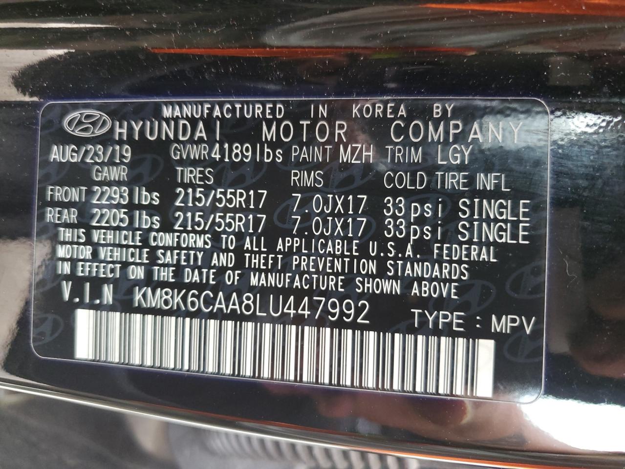 2020 Hyundai Kona Sel Plus VIN: KM8K6CAA8LU447992 Lot: 62816085