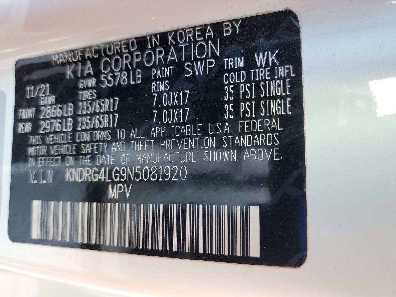 2022 Kia Sorento S VIN: KNDRG4LG9N5081920 Lot: 63816975