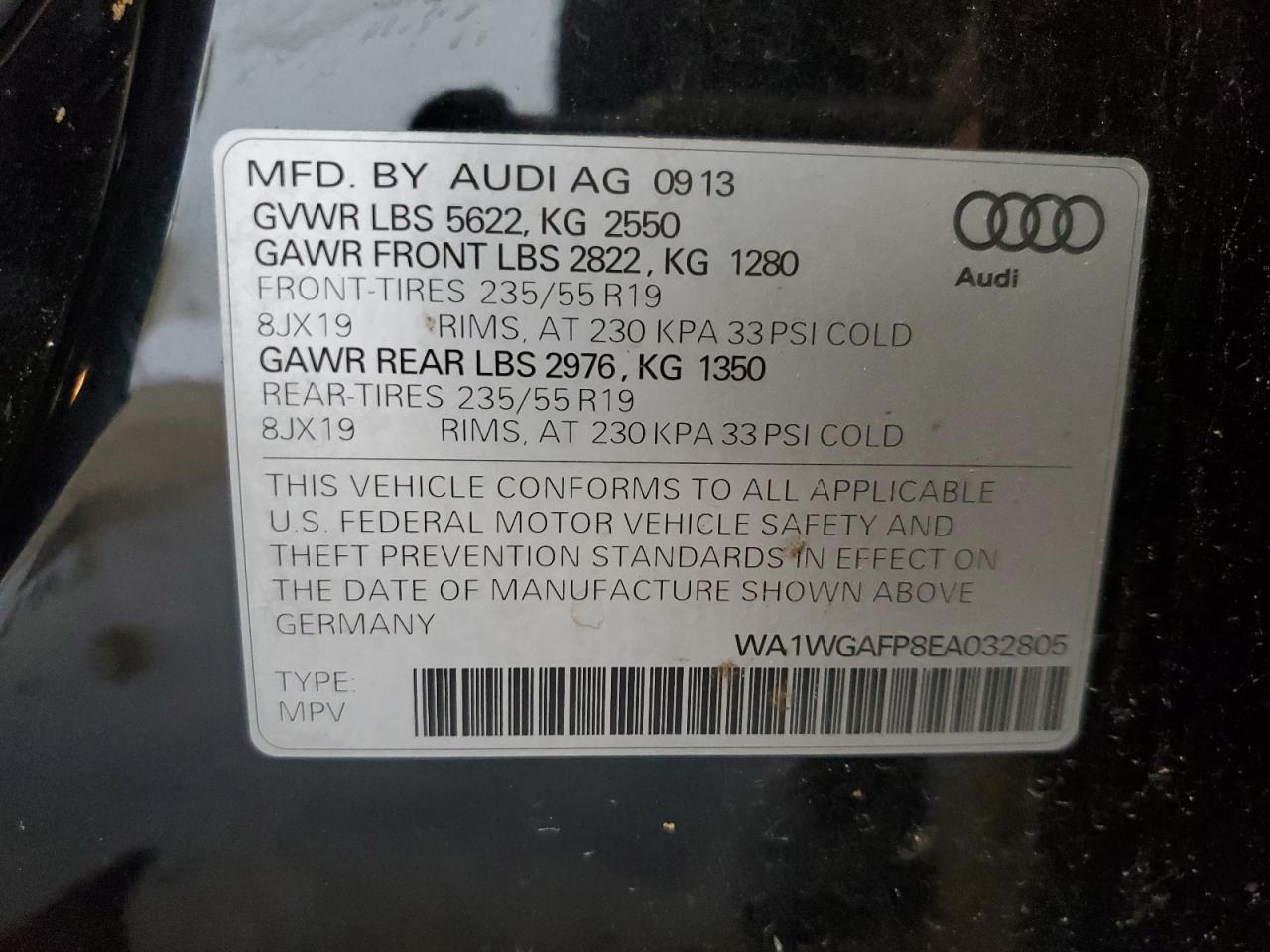 2014 Audi Q5 Prestige VIN: WA1WGAFP8EA032805 Lot: 63406945