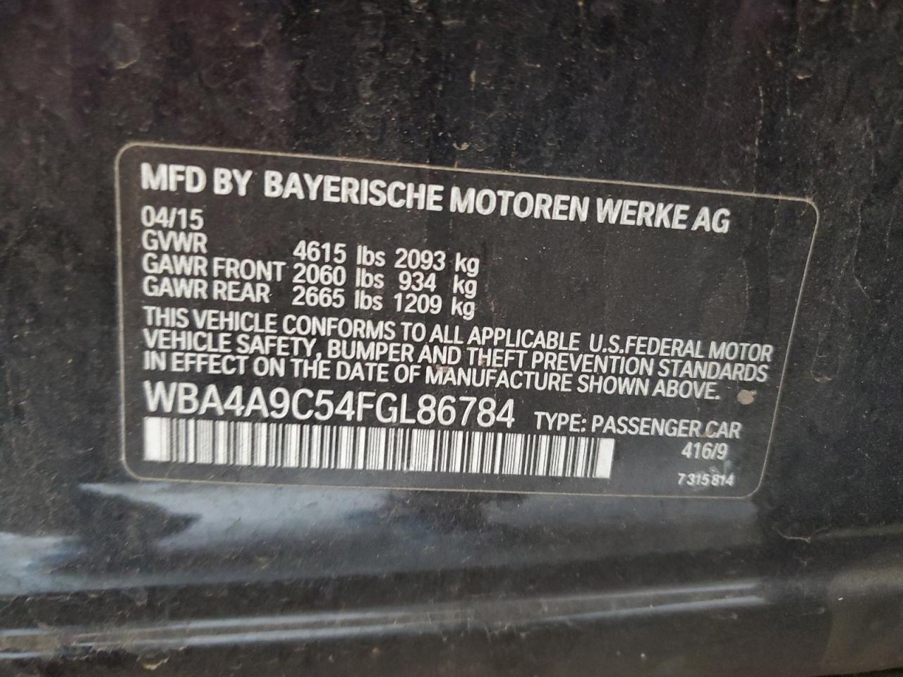 2015 BMW 428 I Gran Coupe Sulev VIN: WBA4A9C54FGL86784 Lot: 64073315