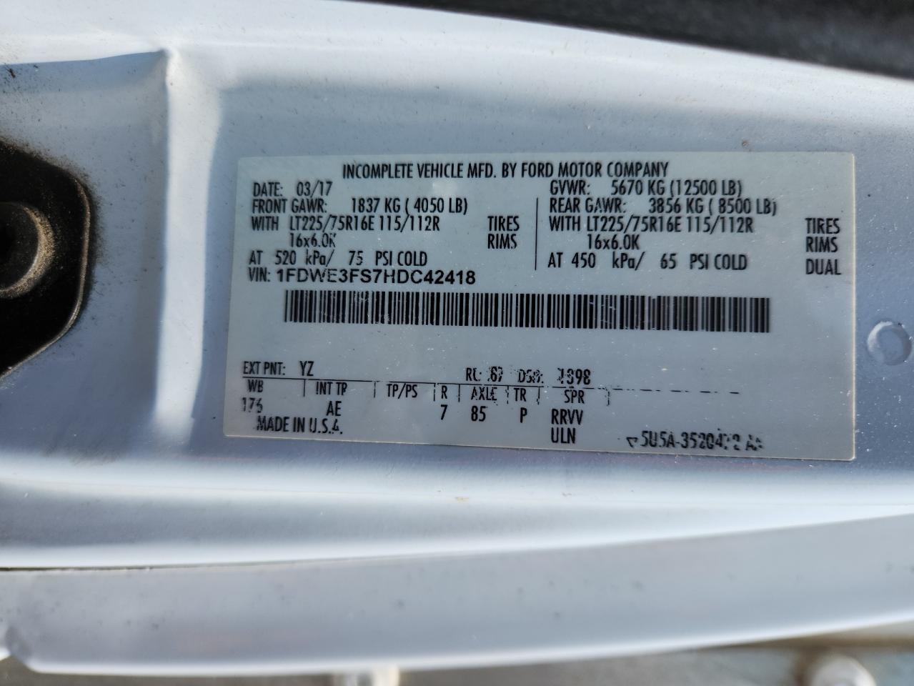 2017 Ford Econoline E350 Super Duty Cutaway Van VIN: 1FDWE3FS7HDC42418 Lot: 62641785